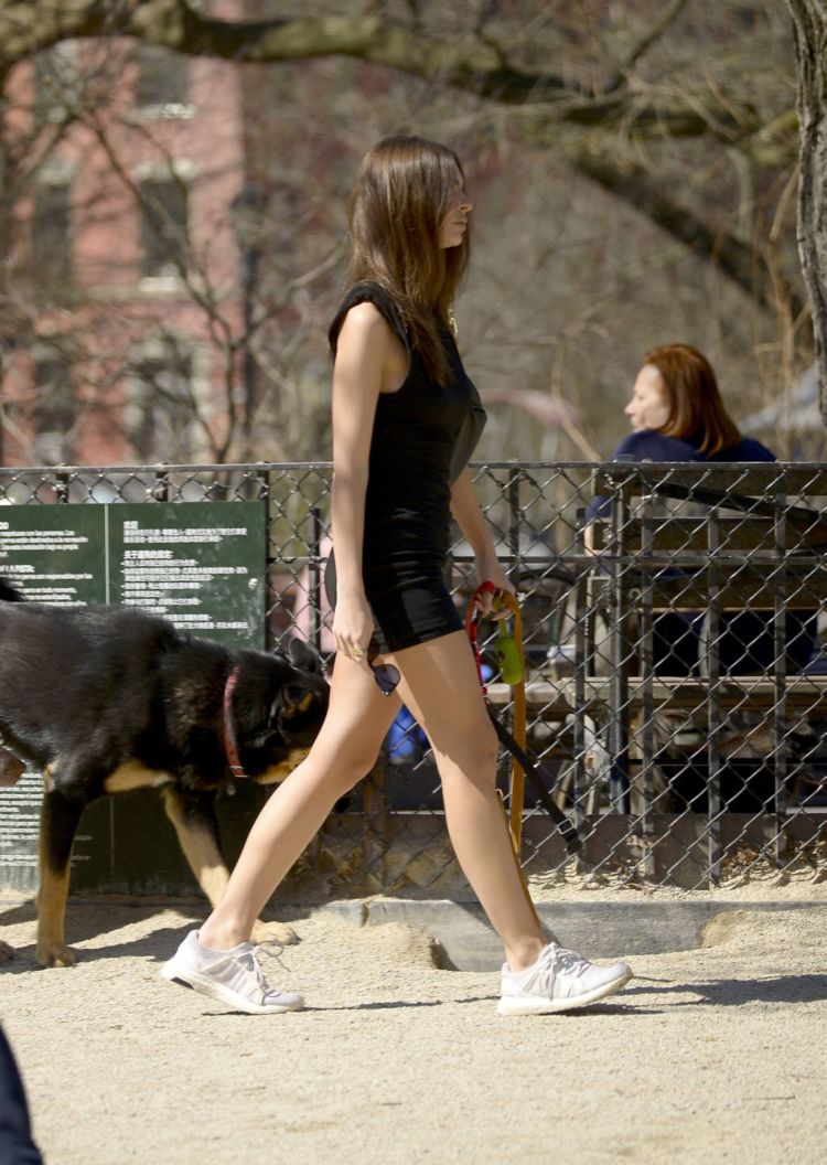 Emily Ratajkowski In A Black Dress Walking Her Dog Out In New York